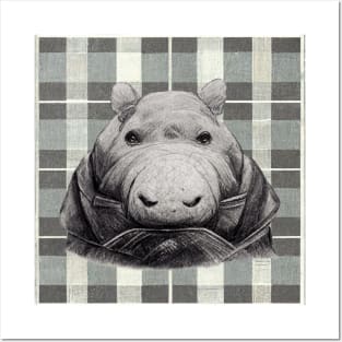 Hefty Hippopotamus in a coat, on a plaid background. Posters and Art